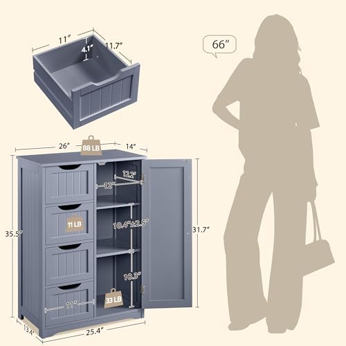 Yaheetech Bathroom Storage Cabinet with 4 Beadboard Drawers and Door, Gray - Image 3