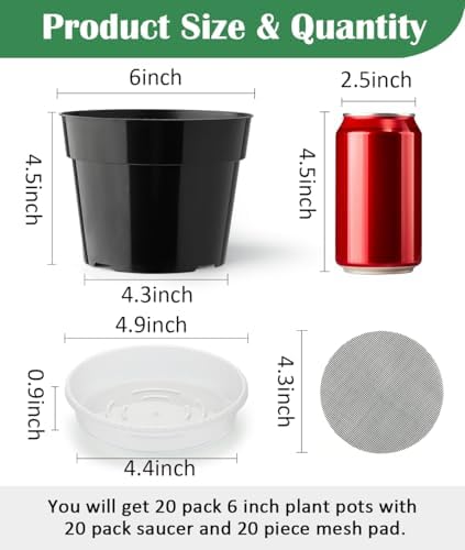 RooTrimmer 20 Pack Plant Pots, 6 Inch Plastic Plant Planter with Saucers and Mesh Mats, Durable Flower Pots with Drainage Holes Perfect for Indoor Outdoor, Black - Image 2