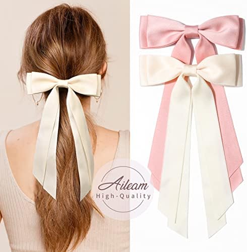 2PCS Silky Satin Hair Bows Hair Clip Beige Pink Hair Ribbon Ponytail Holder Accessories Slides Metal Clips Hair Bow for Women Girls Toddlers Teens Kids - Image 4