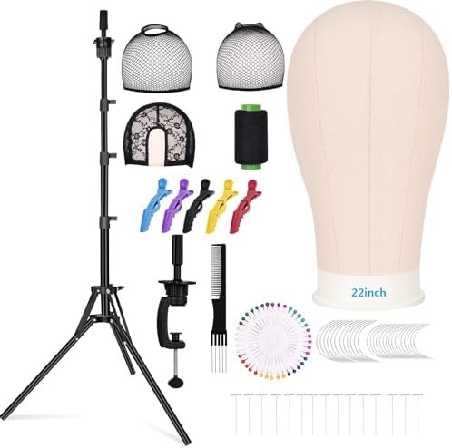 Beauty Star 63inch Tall Wig Stand Tripod with 22inch Mannequin Head, Canvas Block Wig Head Included Adjustable Holder and Wig Caps Kit for Multiple wigs, Perfect for Making Wigs, Display Styling by BeautyStar