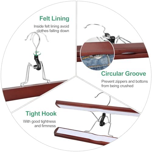 TOPIA HANGER 12 Pack Wooden Pants Hangers, Hair Extension Hangers Non Slip Skirt Hanger Wood Clamp with Velvet Padded 360° Swivel Hook for Jeans, Skirts, Trousers, Wigs Cherry CT67M - Image 6
