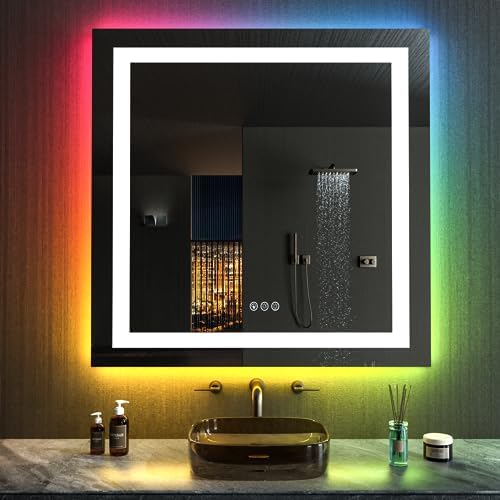 LOAAO 38"X38" LED Bathroom Mirror with Lights, Anti-Fog, Dimmable, RGB Backlit + Front Lighted, Bathroom Vanity Mirror for Wall, Memory Function, Waterproof, Tempered Glass - Image 3