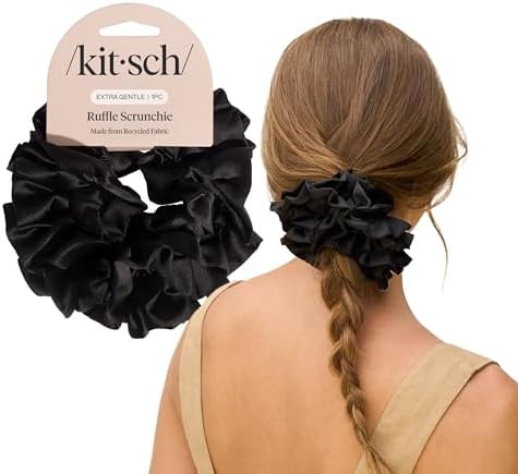 Kitsch Ruffle Satin Scrunchies For Women - Gentle Hair Tie - Black, 1pc by Kitsch
