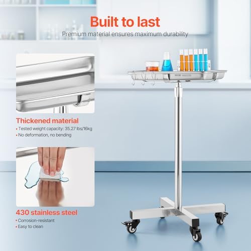 VEVOR Mayo Stand, Stainless Steel Mayo Tray, Load Capacity up to 36 lbs, Adjustable Height 31.9"-55", Medical Tray on Wheels with Removable Tray for Spa, Salon, Clinic, Personal Care - Image 2