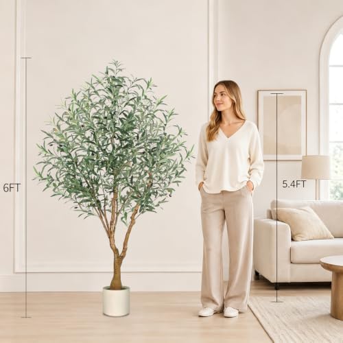 Olive Trees Artificial Indoor, 6FT Faux Olive Tree with White Tall Planter, Full Lush Artificial Plants with Large Olive Branches and Lifelike Fruits for Home Office Decor - Image 6