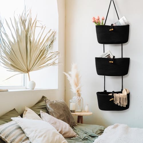 TeoKJ Over the Door Hanging Baskets with Button Strap, 3-Tier Woven Cotton Storage Organizer Bag, Wall-Mounted with Hook Decorative Hanging Nursery Baskets - Black - Image 3