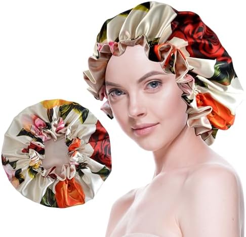 Silk Bonnet for Sleeping Satin Bonnets Double Layer Reversible Hair Cap Bonnet for Women Long Curly Braid Hair (Floral 2) by BeutyMe