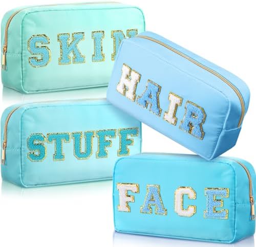 Remerry 4 Pcs Nylon Makeup Bags Waterproof Spacious Travel Cosmetic Bag for Women Chenille Letter Preppy Zipper Pouch Face Stuff Skin Hair Organizer Gift(Blue Green Colors) by Remerry
