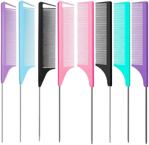 8pcs Rat Tail Combs Set,Long Steel Pin Teasing Combs for Salon Hair Stylists,2 styles and multiple colorsb of Metal Parting Combs for Women,Hair Teasing Fine Tooth Comb Aigee by Unknown