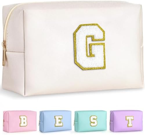 TOPEAST Travel Makeup Bag, Personalized Initial Toiletry Bag w Zipper, Cute Makeup Pouch, PU Leather Waterproof Cosmetic Bag, Birthday Gift for Daughter, Preppy Things for Girls (White G) by TOPEAST