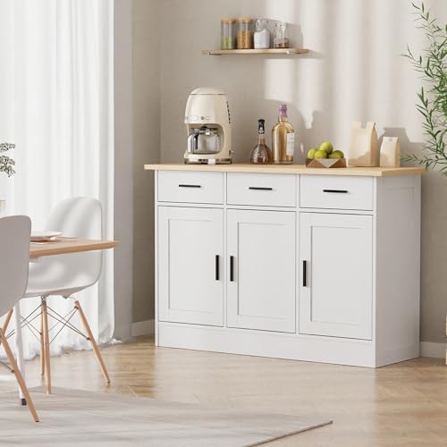 Buffet Cabinet with Storage - Buffets & Sideboards Kitchen Storage Cabinet, Wood Console Table Coffee Bar Accent Cabinets for Living Room Dining Room Entryway Large 3 Doors & Drawers, White 47.2"W - Image 2