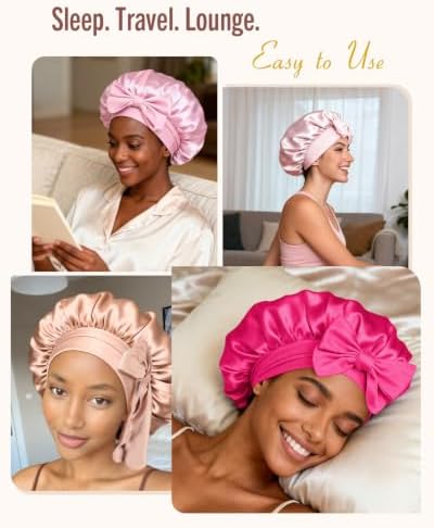 BONNET QUEEN Satin Bonnet Silk Bonnet for Sleeping Hair Bonnet Tie Bonnet for Women with Stretch Band Natural Hair Hot Pink - Image 5