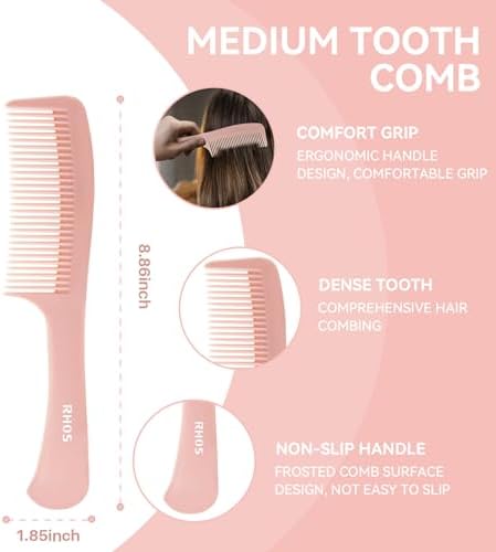 RHOS 3 Pieces Hair Comb Set for Women,Men-Wide Tooth Comb,Fine Tooth Rat Tail Comb,Medium Tooth Comb-Detangling Hair Combs for All Hair Types,Hair Styling Comb Set(Pink) - Image 4