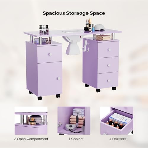 OmySalon Manicure Table Nail Desk for Nail Tech, Nail Table Station w/Electric Dust Collector, Makeup Storage for Beauty Salon Acetone Resistant w/Lockable Wheels,Wrist Cushion,Drawers,Cabinet,Purple - Image 3