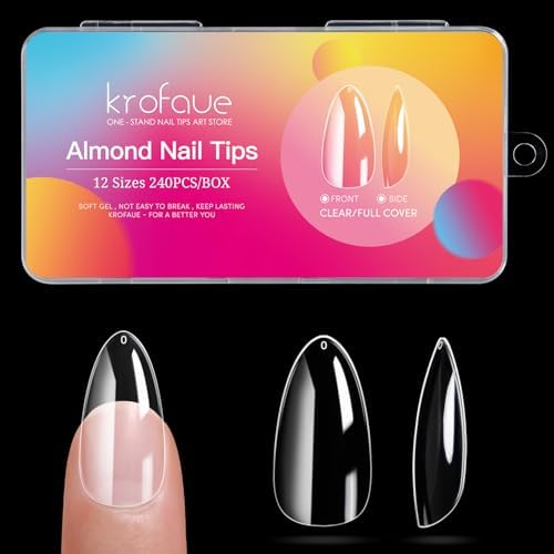 Krofaue 240PCS Short Almond Nail Tips, Flexible Gel Full Cover, 12 Sizes by krofaue