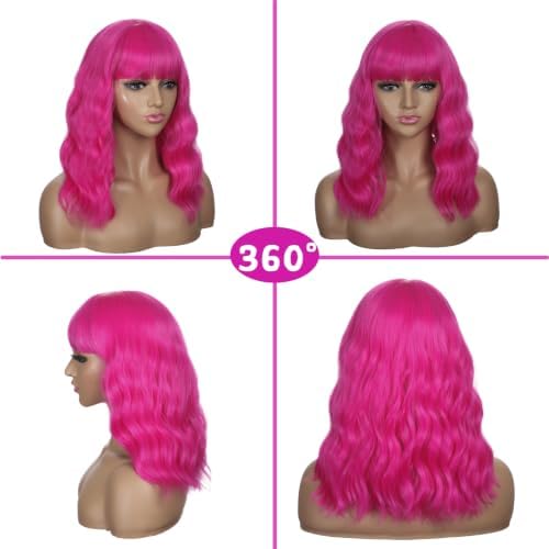 Sebast Pastel Bob Wigs with Bangs for Women Loose Wavy Wig Pastel Wavy Shoulder Length Bob Synthetic Cosplay Wig for Girl Colorful Costume Wigs (Pink) (Fuchsia) - Image 5