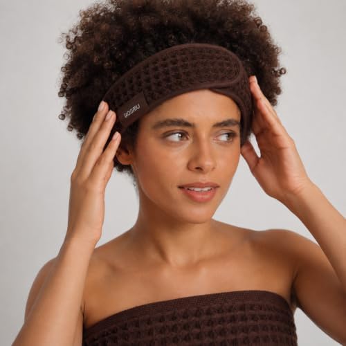 Luxury Organic Japanese Cotton Waffle Spa Headband for Women | Adjustable Towel Headband with Magic Tape | Makeup, Face Washing, Facial, Cosmetic & Skincare, Gift for Her Self-Care (Dark Cocoa) - Image 3