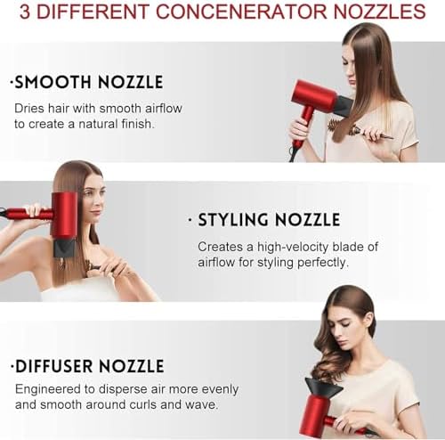 Slopehill Professional Ionic Hair Dryer, Powerful 1800W Fast Drying Low Noise Blow Dryer with 2 Concentrator Nozzle 1 Diffuser Attachments for Home Salon Travel (Agate Red) - Image 3