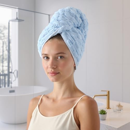 REDKISS Blue Microfiber Hair Towels - Extra Large Hair Towel Wrap for Women, 24x42 inch Hair Towels with Elastic Strap, Super Soft Hair Drying Towels for Long, Thick, Curly Anti Frizz Turbans - Image 4