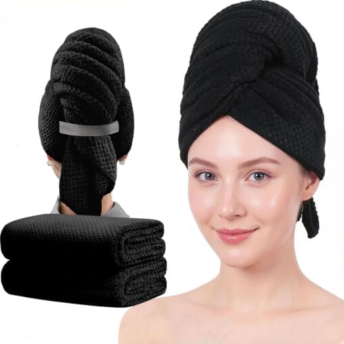 Microfiber Hair Towels, Waffle Hair Towel Set, Super Soft Highly Absorbent, Sturdy Quick Drying Turbans for Long, Thick, Curly Hair (2 Pack, 40" x 20") by Wuwahold