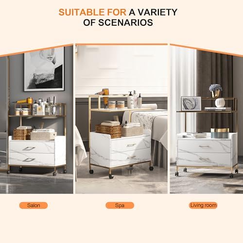 Salon Rolling Trolley with Lockable Wheels Barber Cart with Storage Drawer Mobile Hair Station Cabinet for Beauty Makeup Esthetician Spa Massage (White Marble+one Shelf+Two Drawers) - Image 3