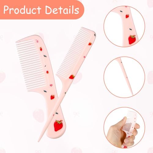 2pcs Baby Hair Comb Set, Pink Strawberry Mini Fine Tooth & Rat Tail Comb - Image 3