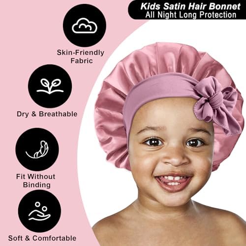 3 Pcs Kids Silk Bonnet for Sleeping-Baby Kids Satin Hair Bonnet for Curly Hair Girls Boys with Wide Elastic Band,Sleeping Cap for Teens Toddler (Rose Gold+Hotpink+Purple) - Image 4