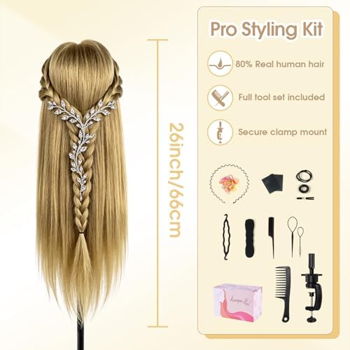 Mannequin Head with 80% Real Hair, 26" Styling Training Head Cosmetology Mannequin Head, Practice Training Doll Head with Clamp Holder and Tools (Tea Brown) - Image 7