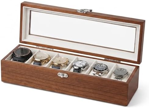 Watch Box, Watch Case for Men Women with Large Glass Lid, Wooden Watch Display Storage Box with 6 - Slots, Rustic Brown Mens Watch Box Organizer by ExperCity