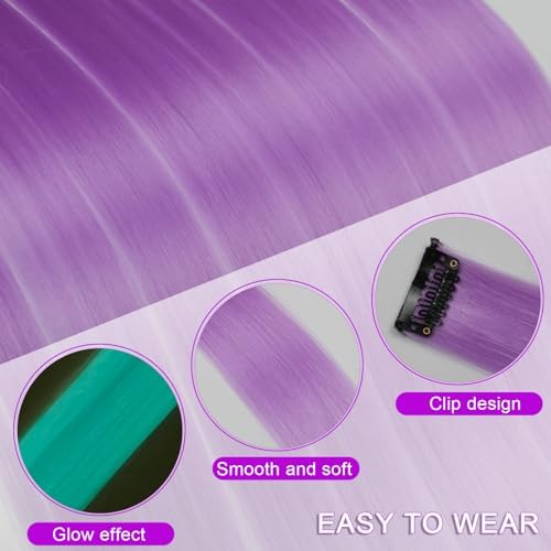 Ms Aloe Glow in the Dark Hair Extensions Light Purple Clip in Hair 22inch Synthetic Straight Hair Clip in Luminous Colored Hair Extensions for Women (10pcs Purple) - Image 5