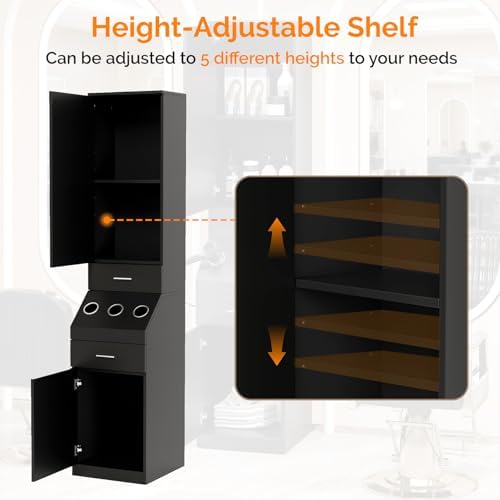 OmySalon Salon Station, Barber Stations with 2-Tier Storage Shelf with Door, Hair Styling Storage Cabinet with 2 Drawer, a Large Storage Cabinet & 3 Hot Tool Holders, Black - Image 6