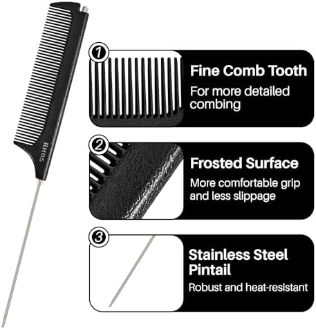 RHOS Carbon Retractable Rat Tail Comb for Parting and Styling, Hair Cutting and Braiding - Stainless Steel Pin Tail Comb, Black - Image 7