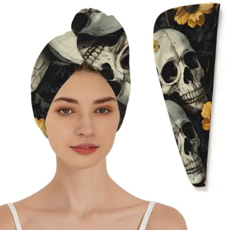 Microfiber Hair Towel Wrap Gothic Skulls Yellow Flowers by YPPAHHHH