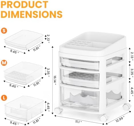 Rolling Cart with 3 Drawers, Clear Plastic Drawer Organizers, Vanity Cart - Image 3