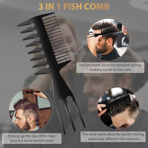 DUAIU 3Pcs Hair Styling Comb Set for Men, with Barber Accessories 3 in 1 Fish Tail Bone Shape Comb, Wide Tooth Comb, Texture Comb for Slicked-back, Quiff, Pompadour, Fauxhawk, Undercut - Image 5
