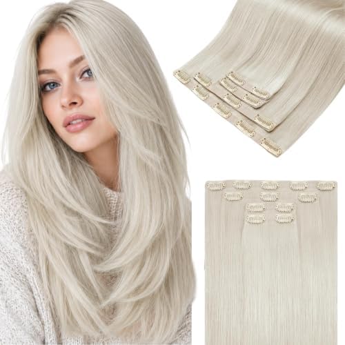LaaVoo 18 Inch Platinum Blonde Invisible Human Hair Extensions Clip ins by LaaVoo