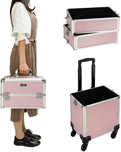 mefeir 4 in 1 Rolling Makeup Train Case, Aluminum Makeup Travel Organizer Cosmetic Case, Cosmetology Display Suitcase on Wheels, Beauty Storage Luggage Lockable w/4 Removable Wheels (Pink) - Image 2
