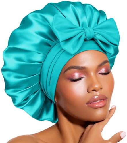 BONNET QUEEN Double Layer Silk Bonnet for Sleeping for Women Satin Lined Bonnet Night Cap for Curly Hair with Tie Band, Single Layer, Aqua Blue by BonnetQueen