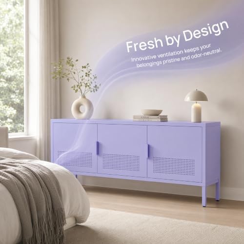 Metal TV Stand with 3 Ventilated Door, Short Steel Storage Cabinet with Adjustable Shelf, Low Airflow Steel Media Locker for Small Apartments Home Office Purple 22" H X 35.4" W X 13.8" D - Image 5