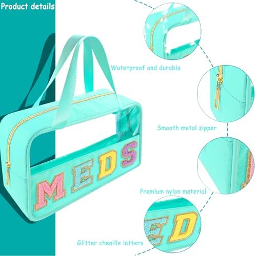 Bunliuys Chenille Letter Clear Makeup Bag Meds Patch, Travel Toiletry Makeup Bag with Handle, Nylon Waterproof Makeup Bags clear cosmetic bag, preppy patch makeup bag for Women (MEDS-Mint Green) - Image 3