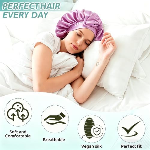 VECIIR Silk Bonnet for Sleeping Women，Hair Bonnet for Sleeping Silk Night Cap for Curly/Natural Hair Skin ‌‌Dusty Lilac, Large - Image 2