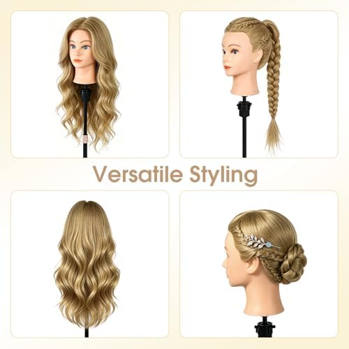 Mannequin Head with 80% Real Hair, 26" Styling Training Head Cosmetology Mannequin Head, Practice Training Doll Head with Clamp Holder and Tools (Tea Brown) - Image 6
