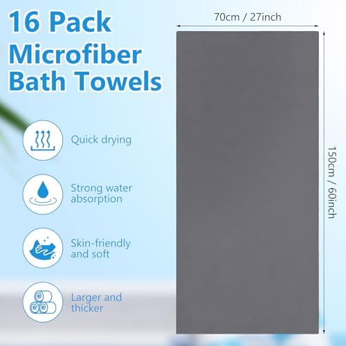 SmoothNovelty 16 Pack Microfiber Bath Towels Bulk, Simple, Dark Gray - Image 2