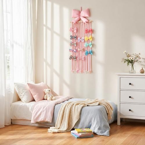 Suncalla Long Bow Holder for Girls Baby Pink Bow Hair Clip Organizer - Image 6