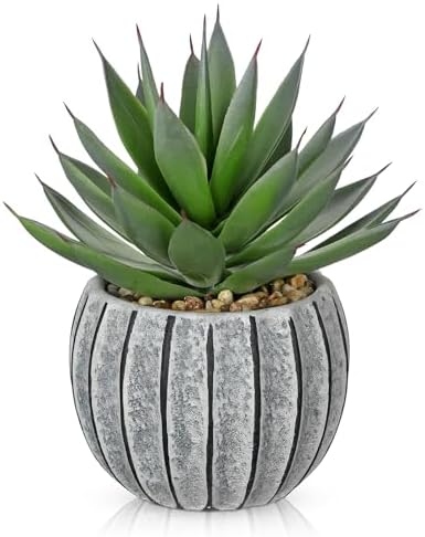 Briful Artificial Aloe Succulent Plant in Aged Cement-Look Ceramic Pot – 8" Tall Faux Agave Plant with Decorative Pebbles – Realistic Desk or Shelf Decor for Home, Office, Bathroom by Briful