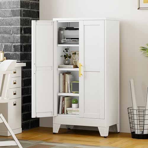 47" White Metal Storage Cabinet with 2 Doors and 3 Adjustable Shelves,Steel Garage Tool Cabinet, File Cabinet,Kitchen Pantry Cabinet for Home,Office,Garage,School,Warehouse - Image 2