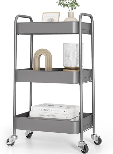 TOOLF 3 Tier Metal Rolling Cart, Utility Storage Cart with Wheels, Grey by TOOLF