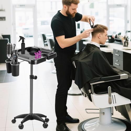 Salon Rolling Tray, Height Adjustable Tattoo Tray Rolling Cart, Storage Utility Trolley for Spa, Beauty Salon Service, Hairdresser Cart with Wheels, Black (Upgrade Black-Tray) - Image 2