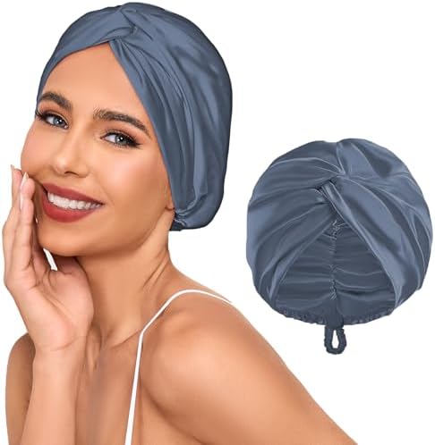 Adjustable Silk Satin Hair Bonnet for Sleeping Women, Double Layer, Silk Hair Wrap for Sleeping Women Men, Curly Natural Braid Straight Unisex - Slate Blue by Baqzqudnl