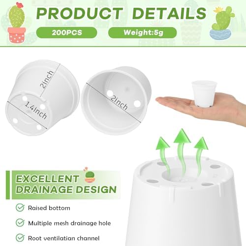 Yaomiao 200 Pcs 2 Inch White Mini Nursery Pots with Drainage Holes - Image 2